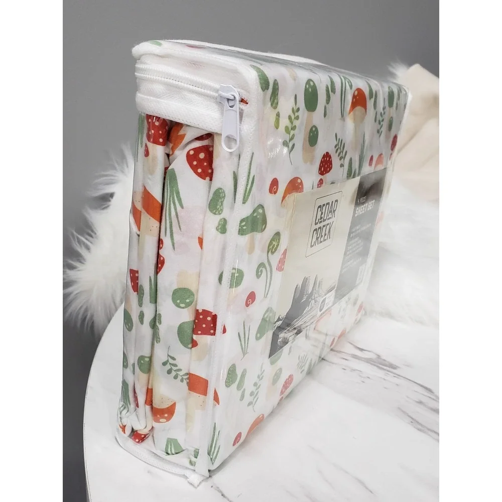 NEW King Size 4 PIECE SHEET SET MUSHROOM GARDEN BOTANICAL WHIMSICAL GNOME PLANTS